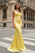 Yellow Mermaid Satin V Neck Long Prom Party Dress