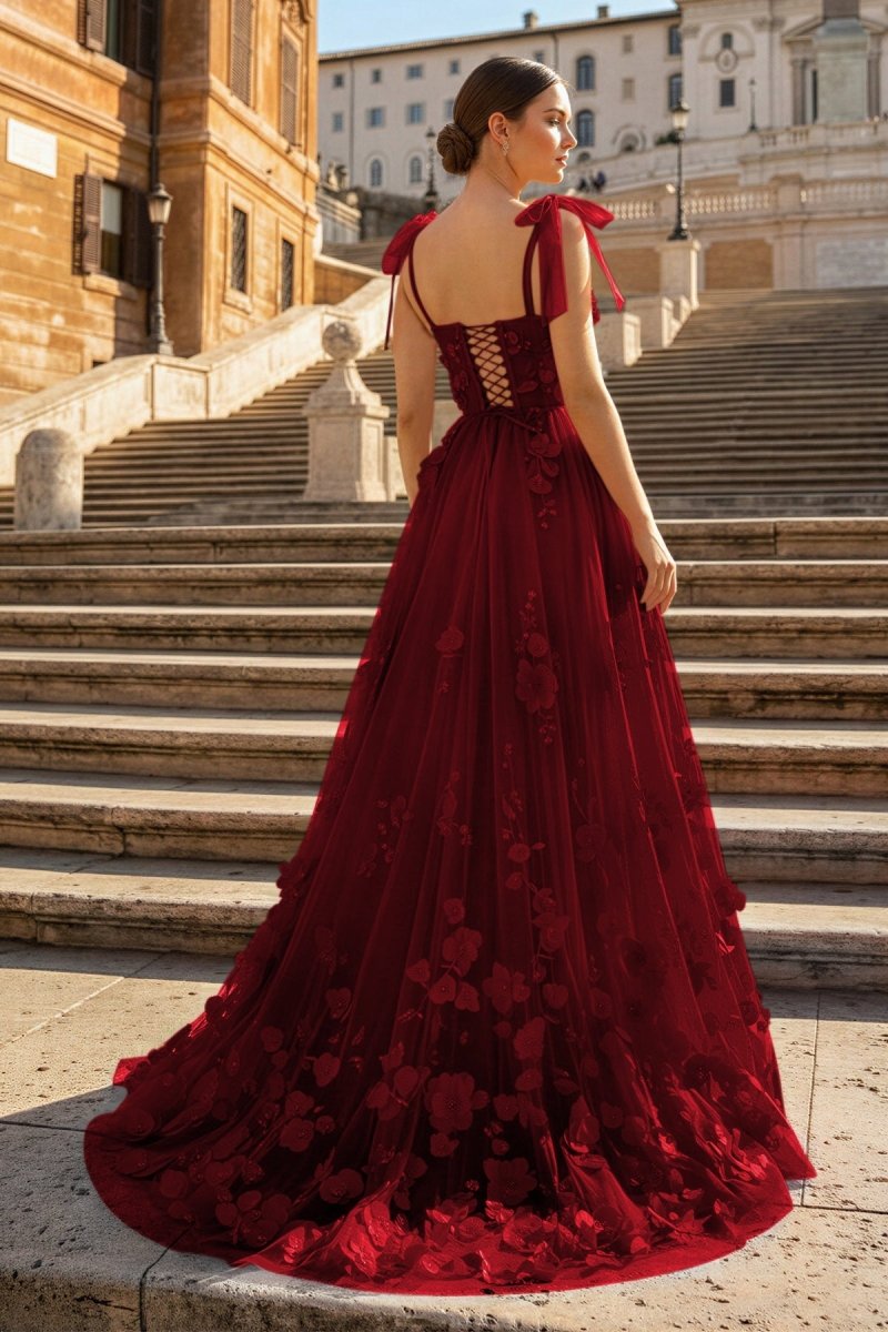 Scarlet Tulle A-line 3D Flower Long Prom Dress With Slit