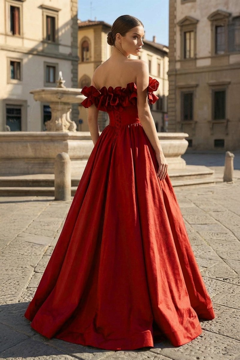 Burgundy Strapless Satin Long Prom Dress, A-Line Evening Party Dress