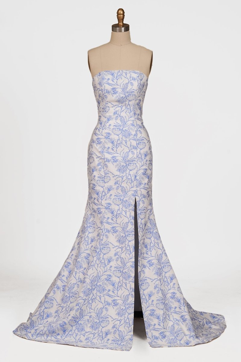 Blue Strapless Mermaid Floral Jacquard Long Formal Prom Dresses With Slit