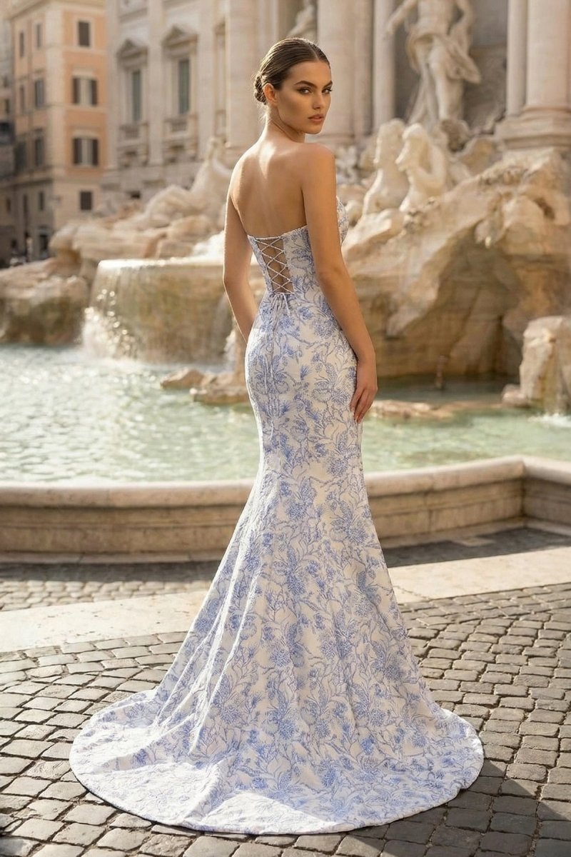 Blue Strapless Mermaid Floral Jacquard Long Formal Prom Dresses With Slit