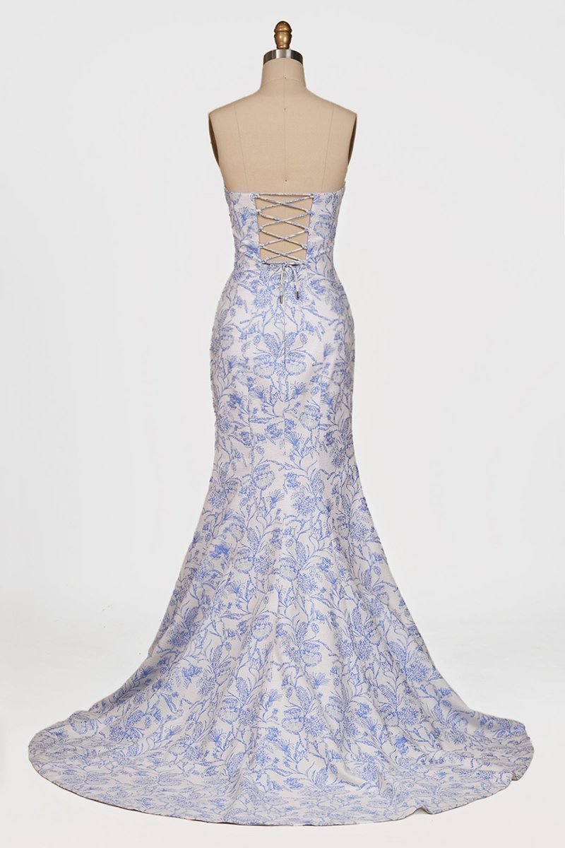 Blue Strapless Mermaid Floral Jacquard Long Formal Prom Dresses With Slit