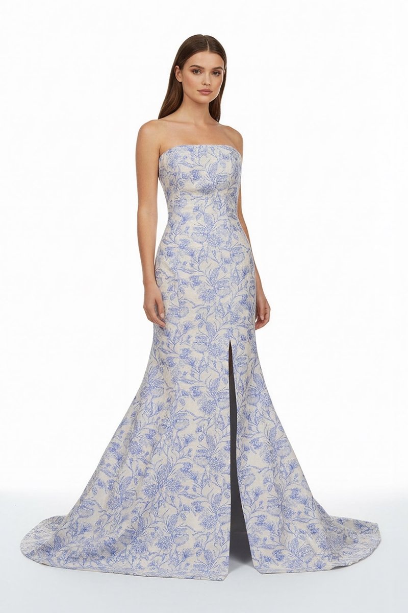 Blue Strapless Mermaid Floral Jacquard Long Formal Prom Dresses With Slit