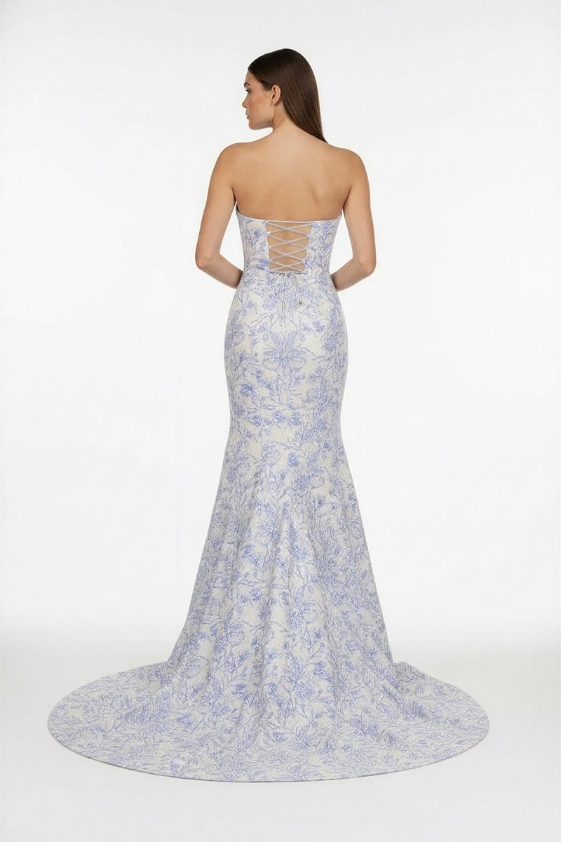 Blue Strapless Mermaid Floral Jacquard Long Formal Prom Dresses With Slit