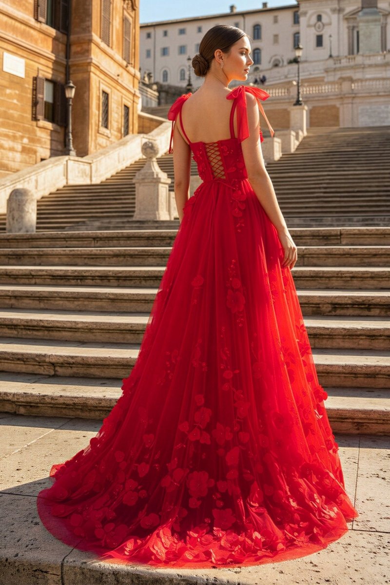 Scarlet Tulle A-line 3D Flower Long Prom Dress With Slit