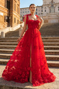 Scarlet Tulle A-line 3D Flower Long Prom Dress With Slit
