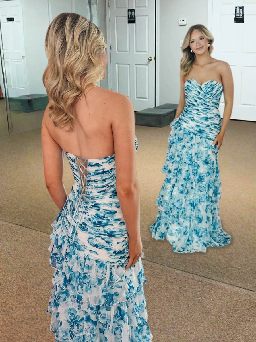 Mermaid Sweetheart Printed Chiffon Long Prom Dresses with Slit