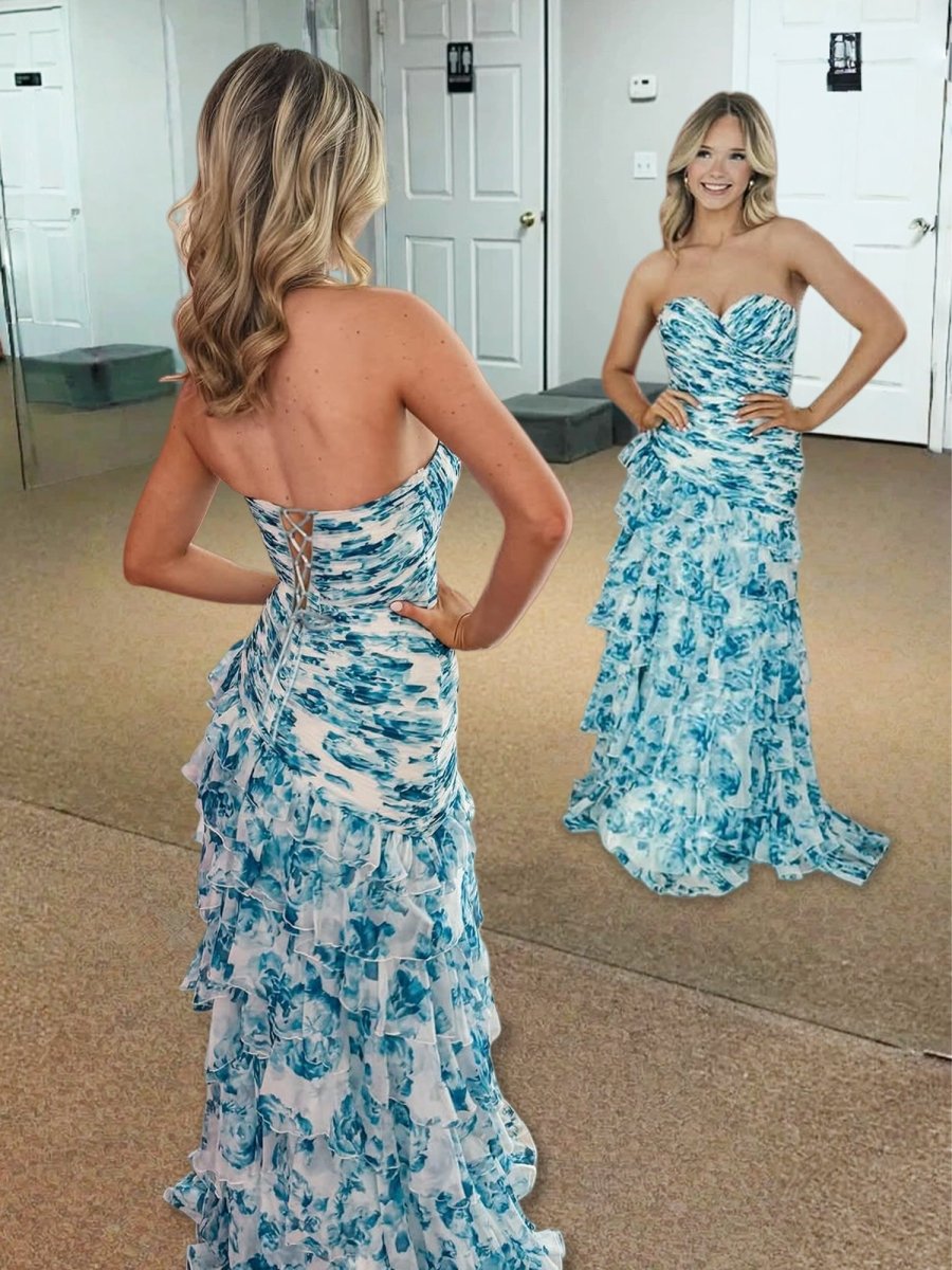 Mermaid Sweetheart Printed Chiffon Long Prom Dresses with Slit