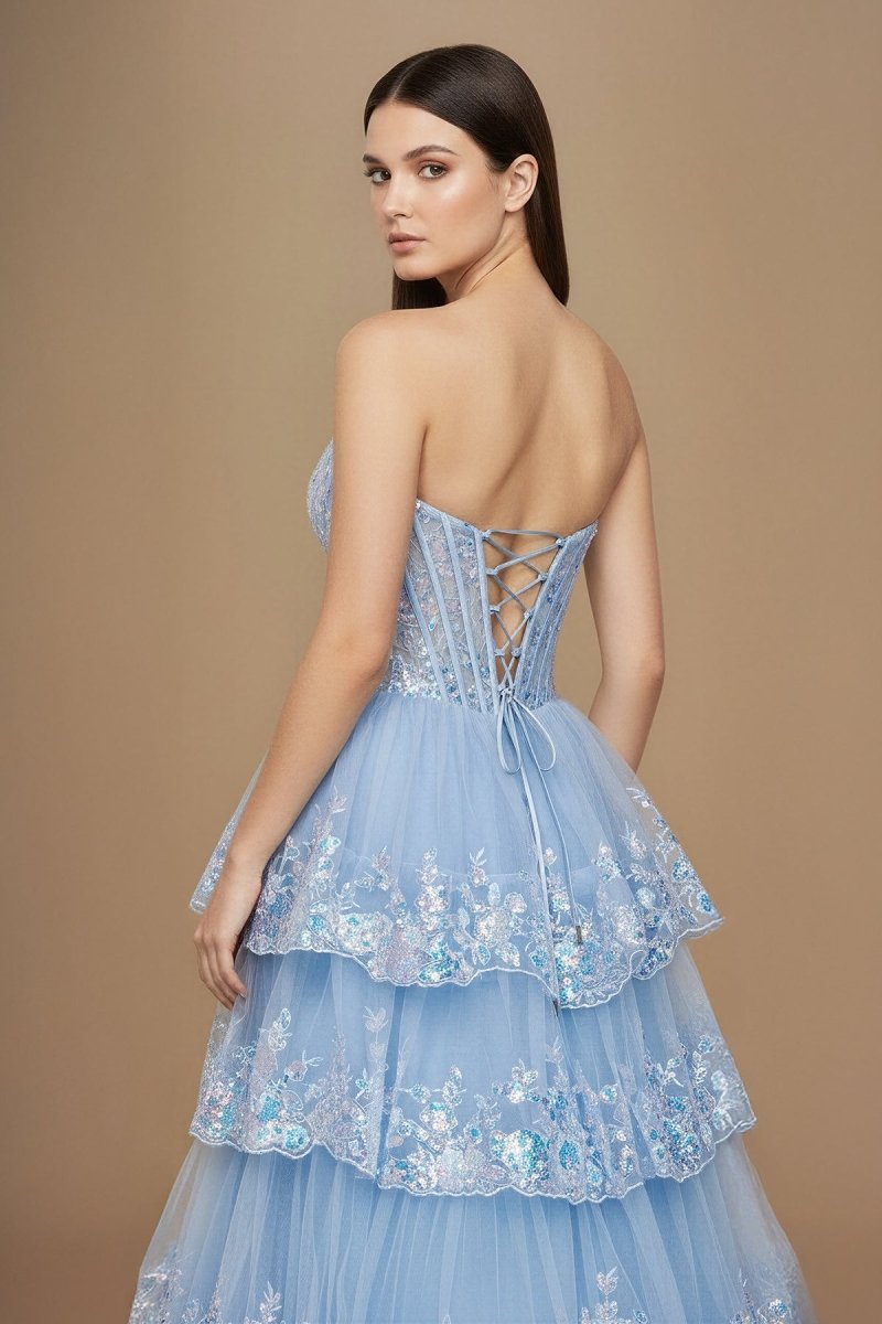 Sky Blue Sweetheart A Line Sequined Lace Long Formal Prom Dresses With Ruffles
