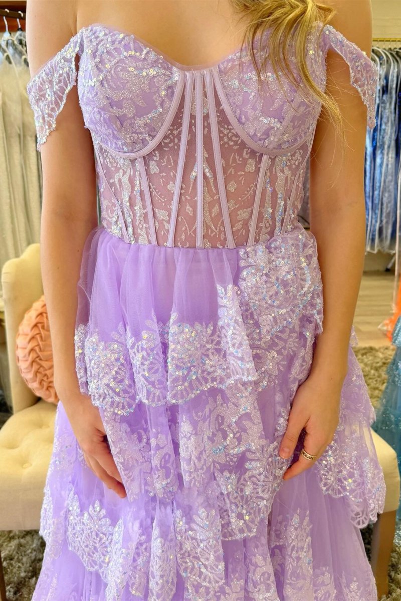 Pink Sequin Appliques Off-the-Shoulder Ruffle Tiered Long Gown