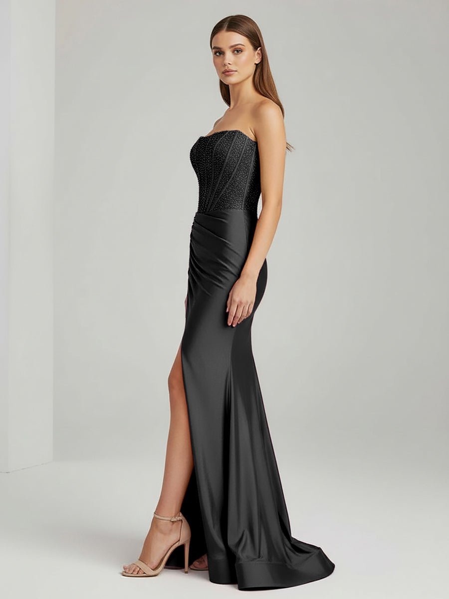 White Mermaid Strapless Satin Long Prom Dresses With Beading