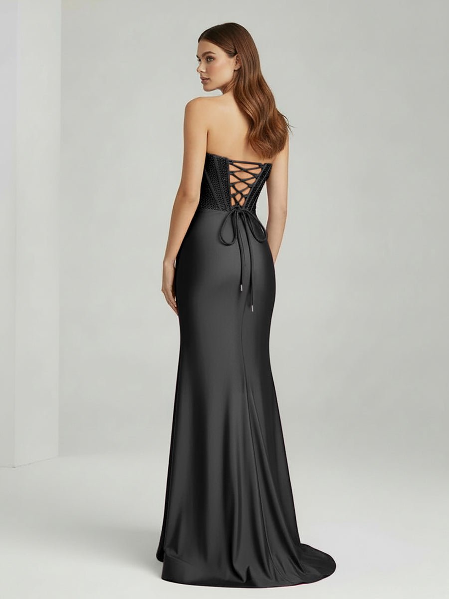 White Mermaid Strapless Satin Long Prom Dresses With Beading