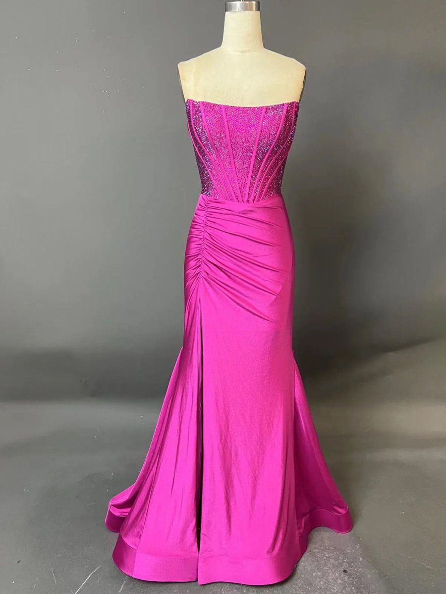 White Mermaid Strapless Satin Long Prom Dresses With Beading