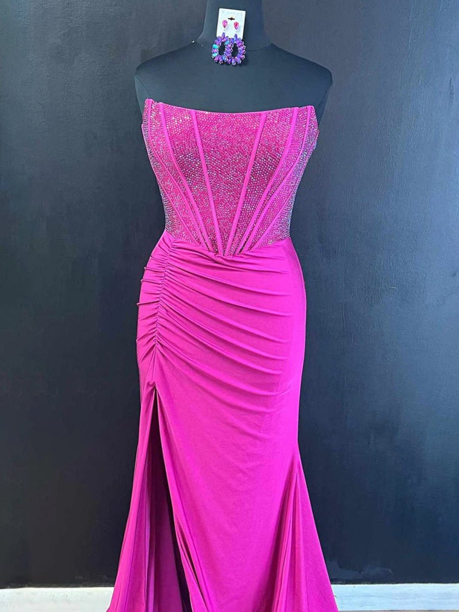 White Mermaid Strapless Satin Long Prom Dresses With Beading