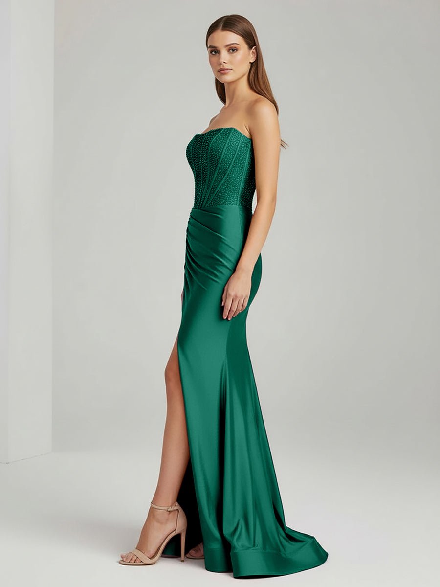 White Mermaid Strapless Satin Long Prom Dresses With Beading