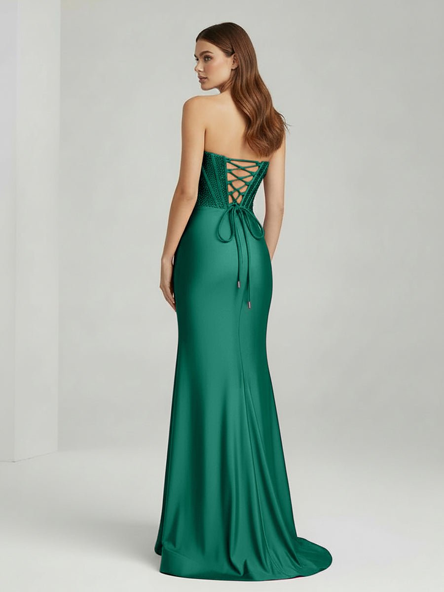 White Mermaid Strapless Satin Long Prom Dresses With Beading