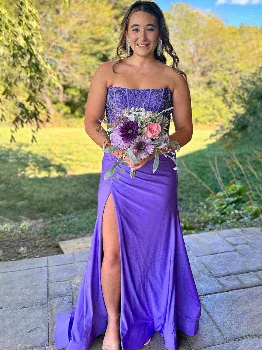 White Mermaid Strapless Satin Long Prom Dresses With Beading