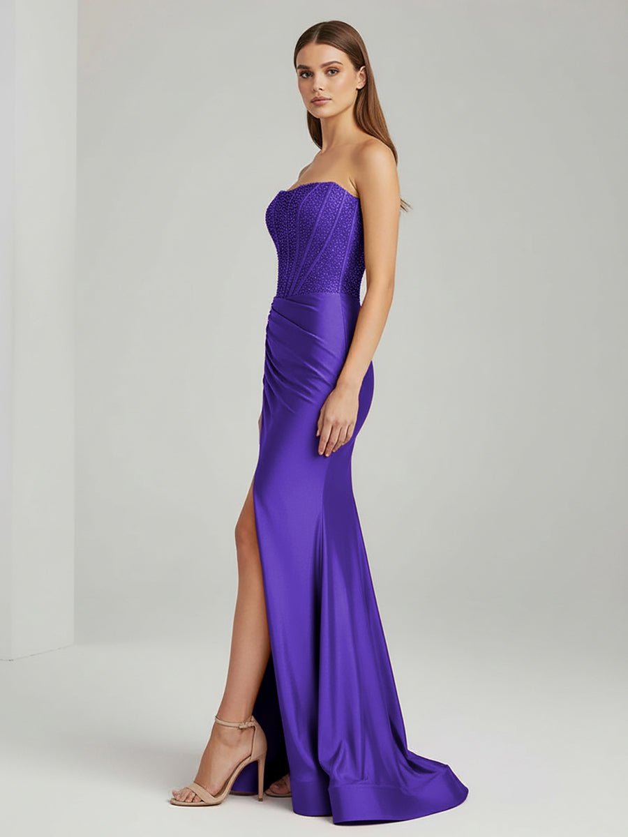 White Mermaid Strapless Satin Long Prom Dresses With Beading