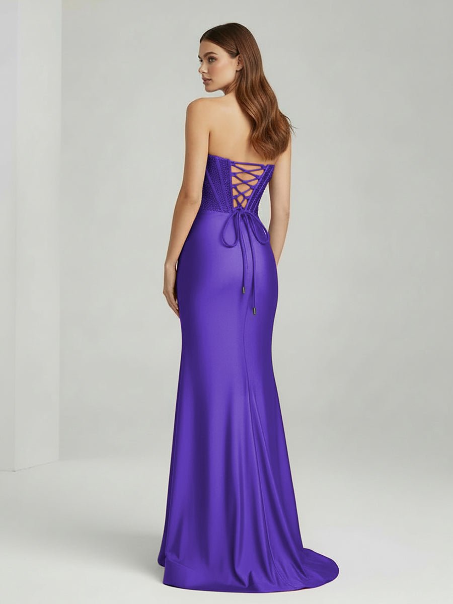 White Mermaid Strapless Satin Long Prom Dresses With Beading
