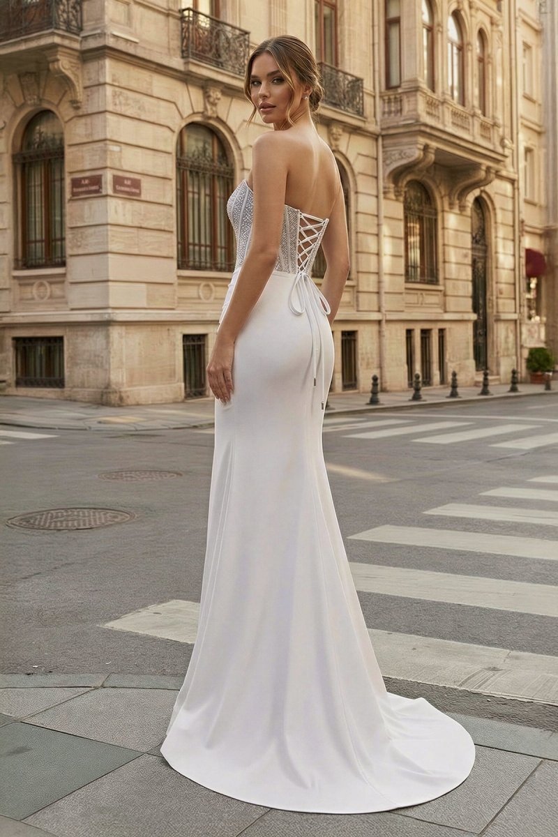 White Mermaid Strapless Satin Long Prom Dresses With Beading