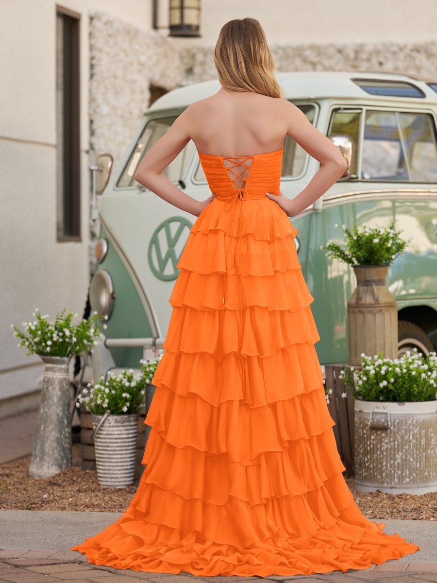 Chiffon Fuchsia Sweetheart Tiered Ruffles Prom Dress with Slit