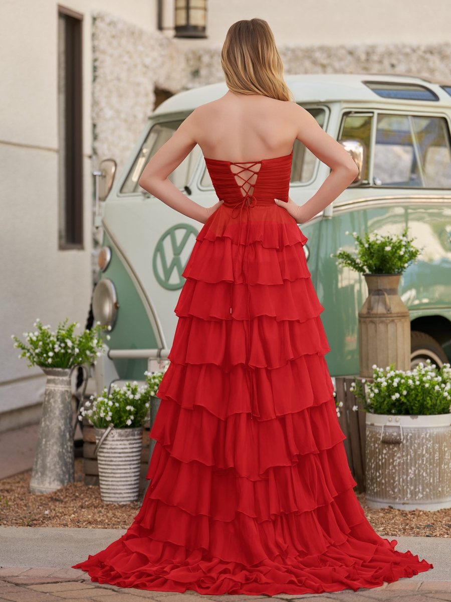 Chiffon Fuchsia Sweetheart Tiered Ruffles Prom Dress with Slit