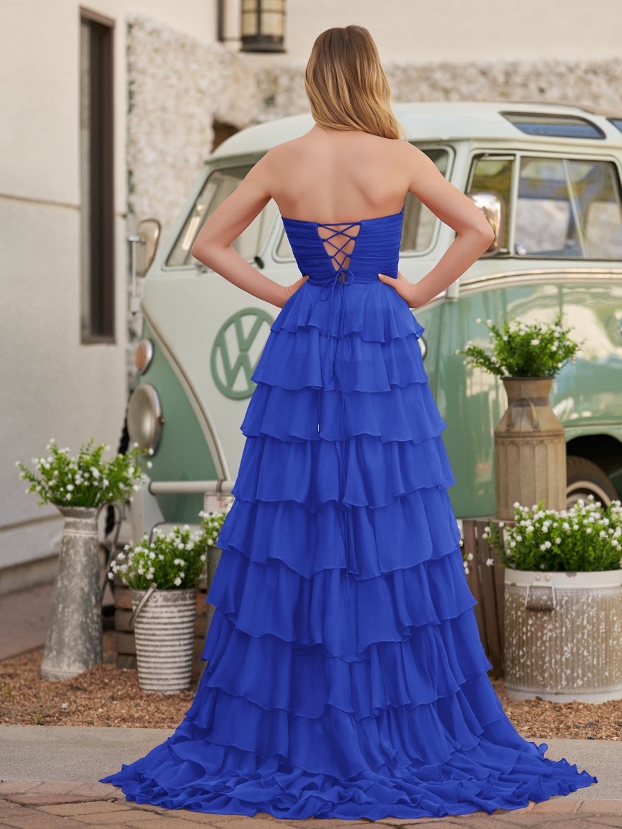 Chiffon Fuchsia Sweetheart Tiered Ruffles Prom Dress with Slit