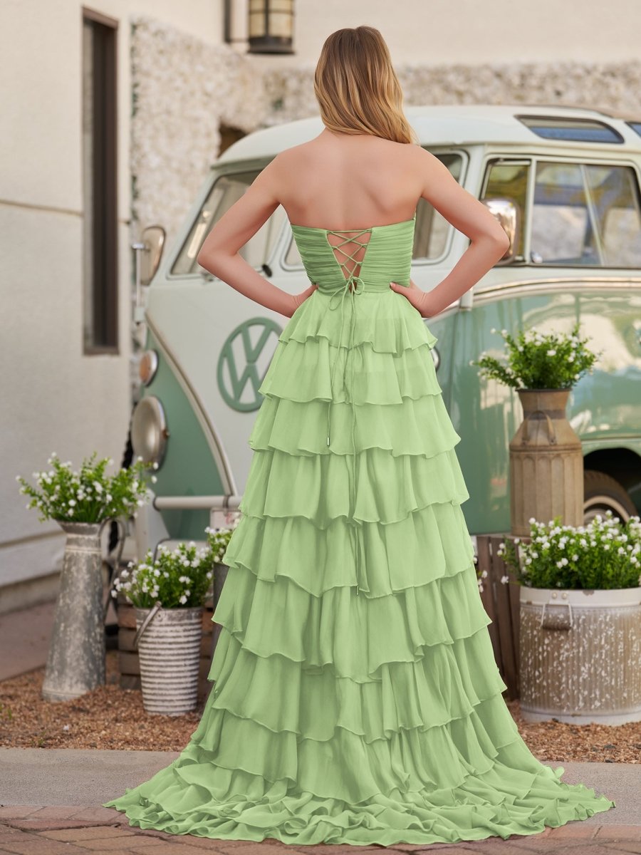 Chiffon Fuchsia Sweetheart Tiered Ruffles Prom Dress with Slit