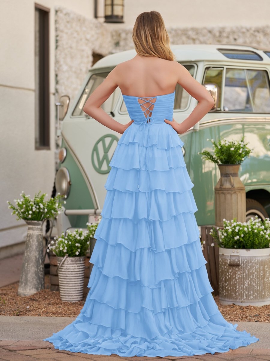 Chiffon Fuchsia Sweetheart Tiered Ruffles Prom Dress with Slit