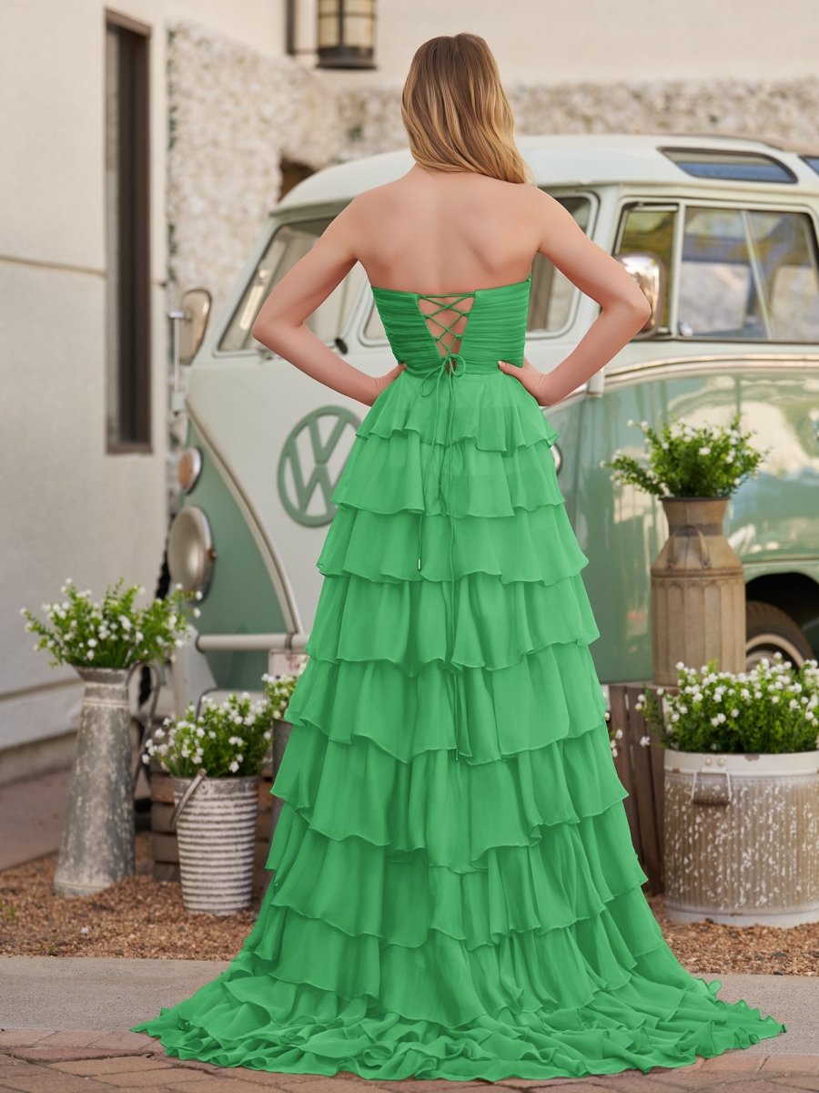 Chiffon Fuchsia Sweetheart Tiered Ruffles Prom Dress with Slit