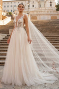 A-line Tulle Embroidery Deep-V Neck Floor-Length Prom Dresses