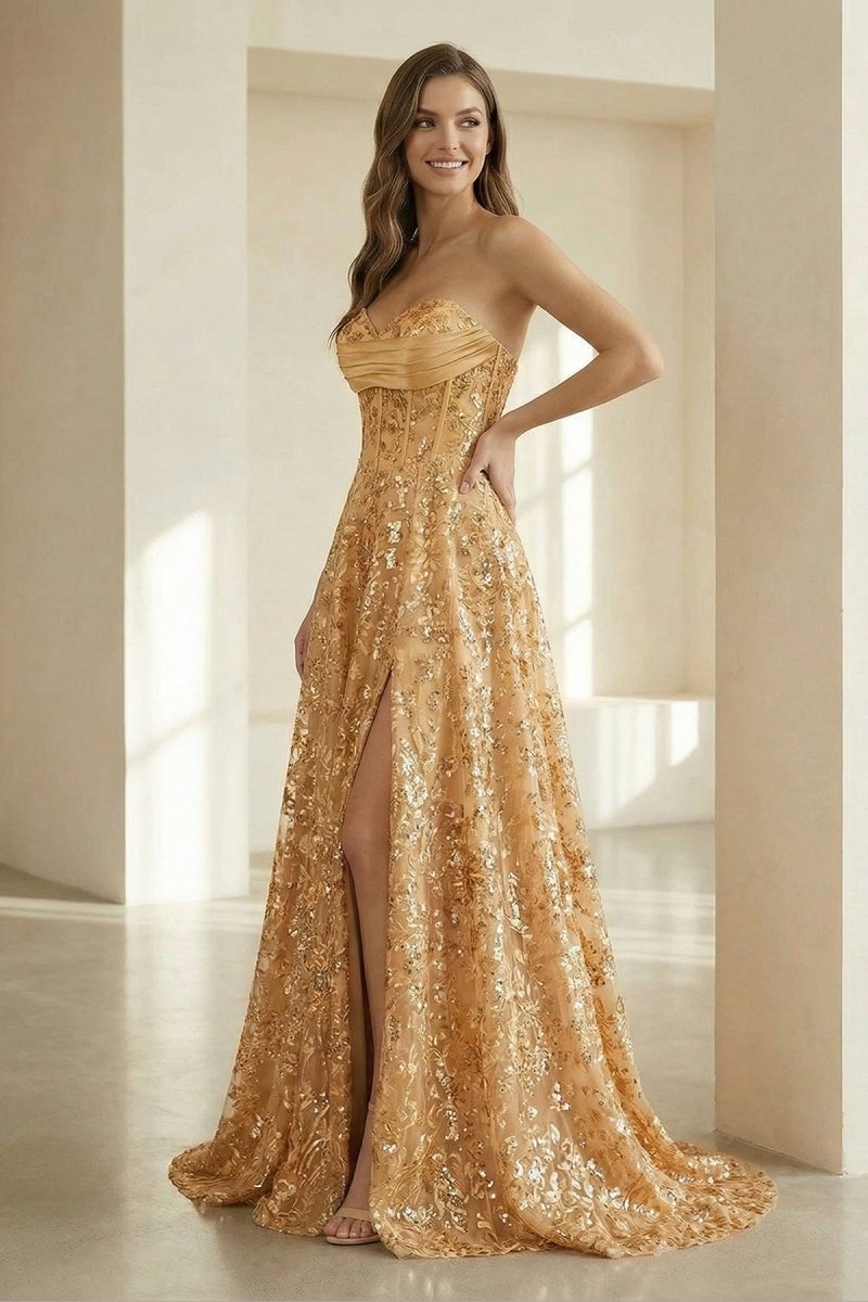 Gold Sweetheart A Line Sequined Lace Formal Prom Dresses With Slit