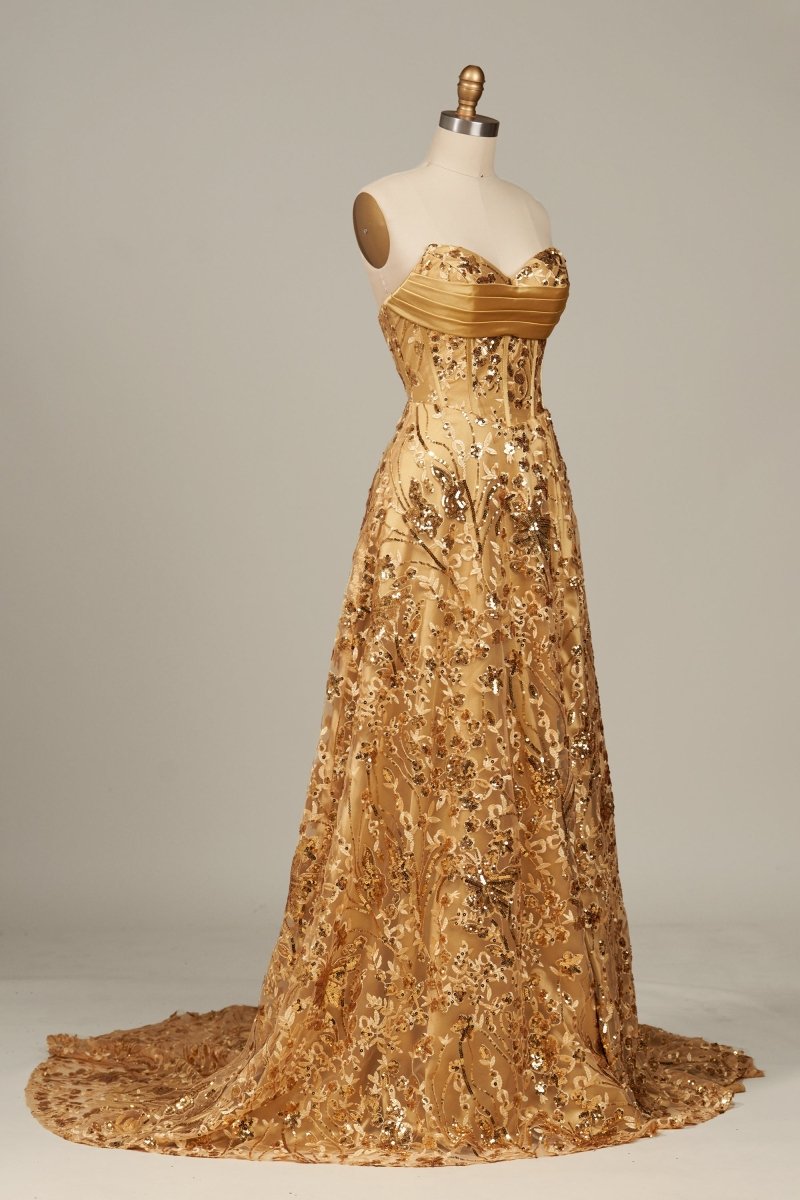 Gold Sweetheart A Line Sequined Lace Formal Prom Dresses With Slit