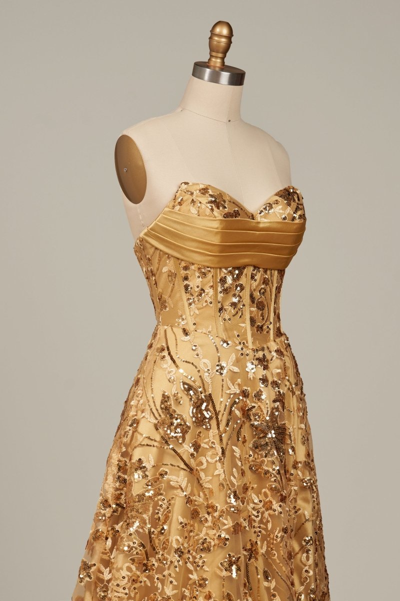 Gold Sweetheart A Line Sequined Lace Formal Prom Dresses With Slit