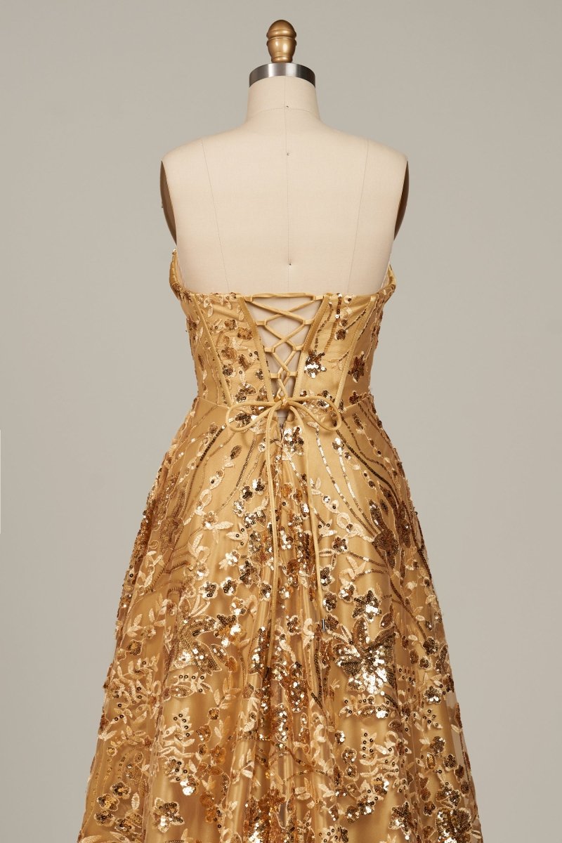 Gold Sweetheart A Line Sequined Lace Formal Prom Dresses With Slit