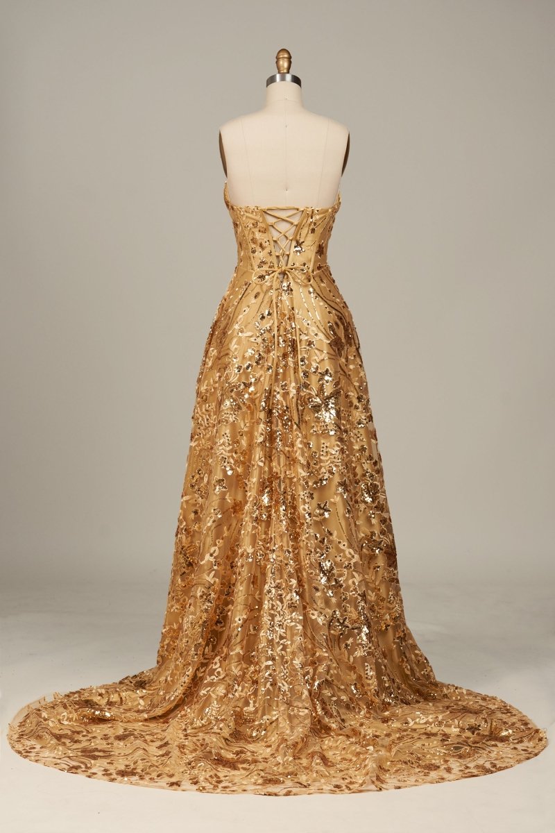 Gold Sweetheart A Line Sequined Lace Formal Prom Dresses With Slit