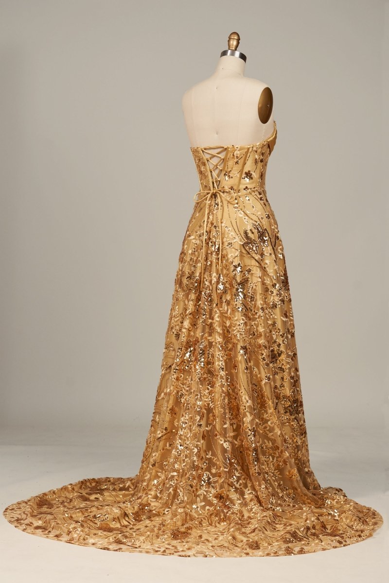 Gold Sweetheart A Line Sequined Lace Formal Prom Dresses With Slit
