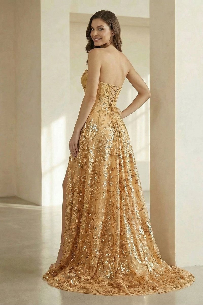 Gold Sweetheart A Line Sequined Lace Formal Prom Dresses With Slit