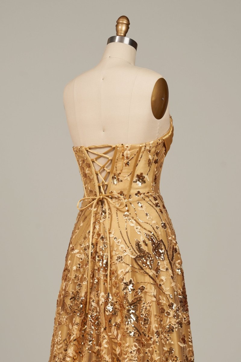 Gold Sweetheart A Line Sequined Lace Formal Prom Dresses With Slit