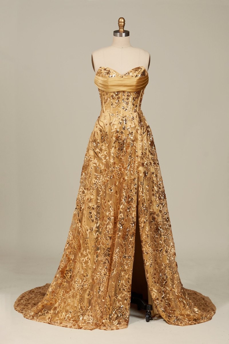 Gold Sweetheart A Line Sequined Lace Formal Prom Dresses With Slit