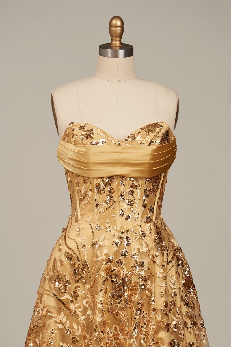 Gold Sweetheart A Line Sequined Lace Formal Prom Dresses With Slit