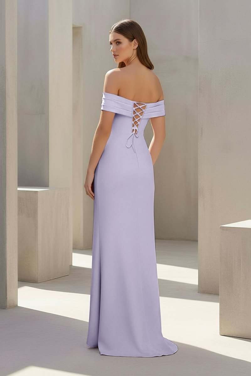Pink Off The Shoulder Sheath Satin Pleated Long Formal Prom Dresses With Slit