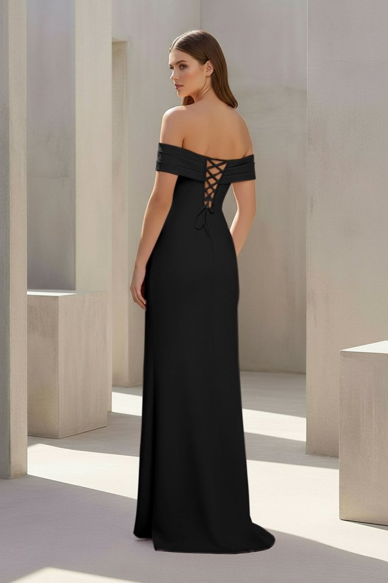 Pink Off The Shoulder Sheath Satin Pleated Long Formal Prom Dresses With Slit