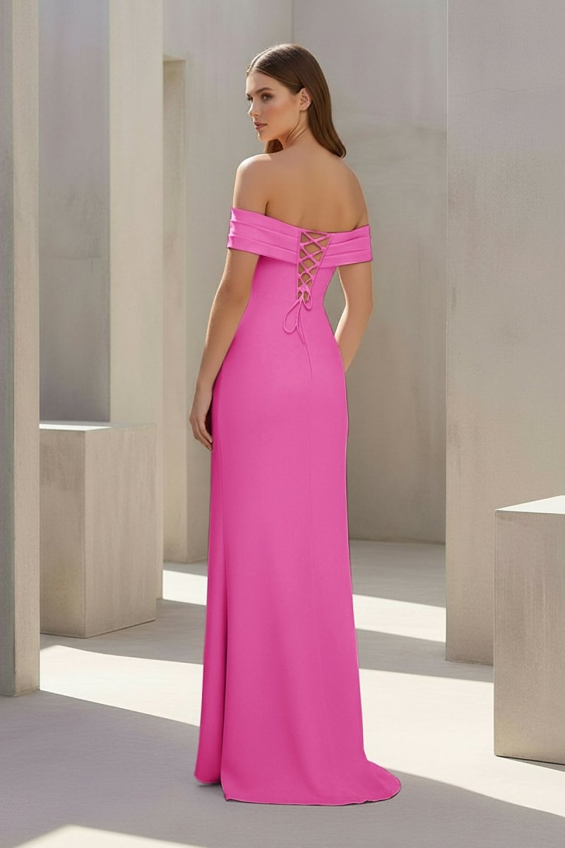 Pink Off The Shoulder Sheath Satin Pleated Long Formal Prom Dresses With Slit