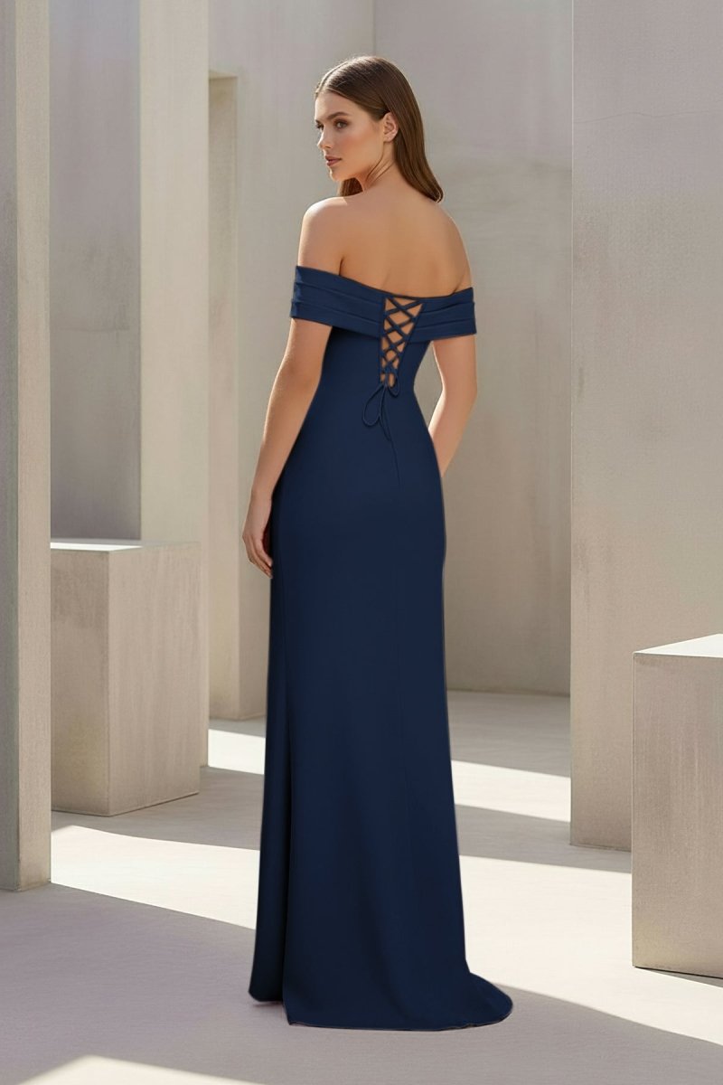 Pink Off The Shoulder Sheath Satin Pleated Long Formal Prom Dresses With Slit