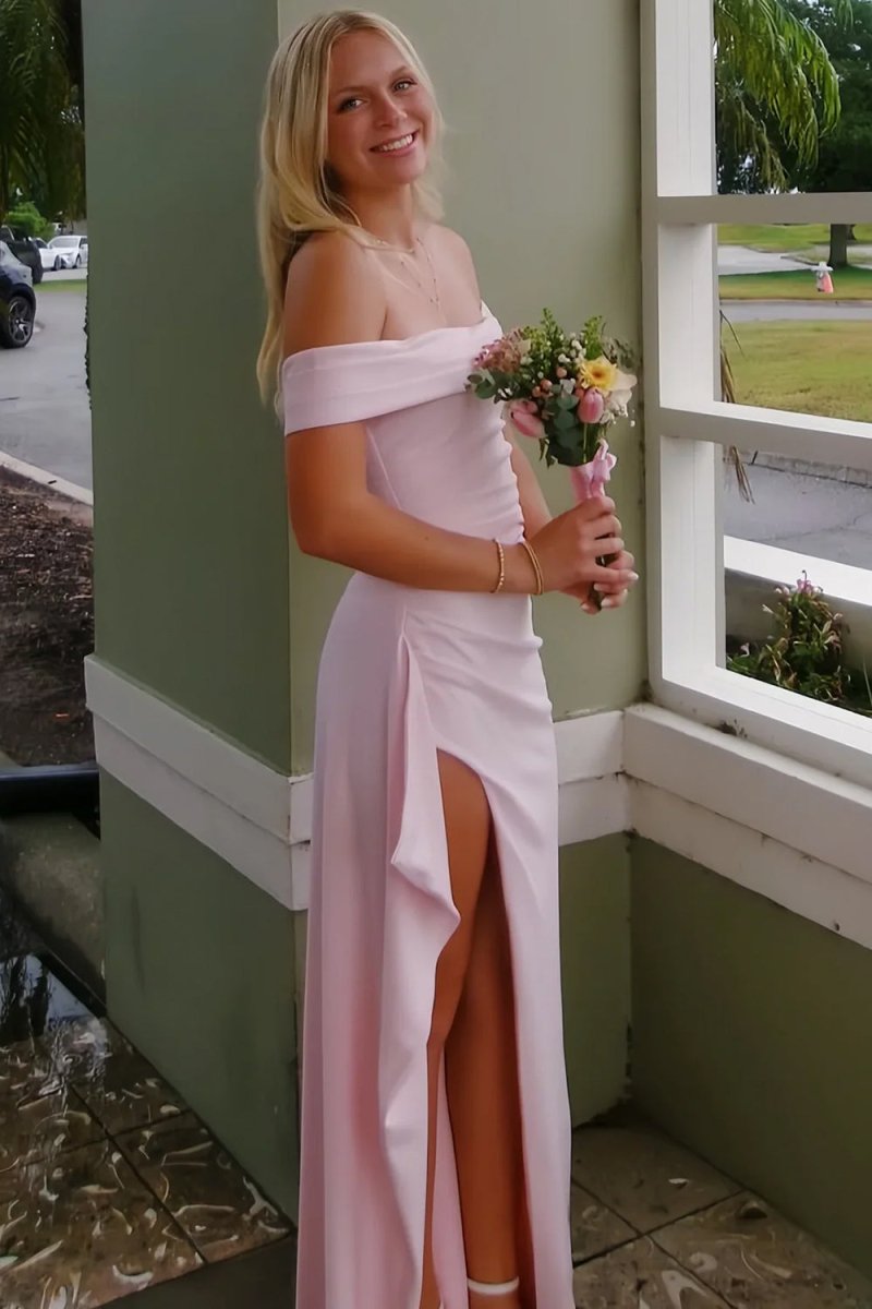 Pink Off The Shoulder Sheath Satin Pleated Long Formal Prom Dresses With Slit
