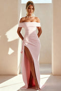 Pink Off The Shoulder Sheath Satin Pleated Long Formal Prom Dresses With Slit