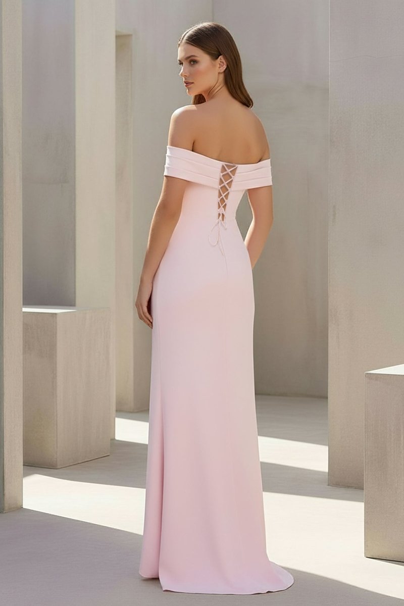 Pink Off The Shoulder Sheath Satin Pleated Long Formal Prom Dresses With Slit