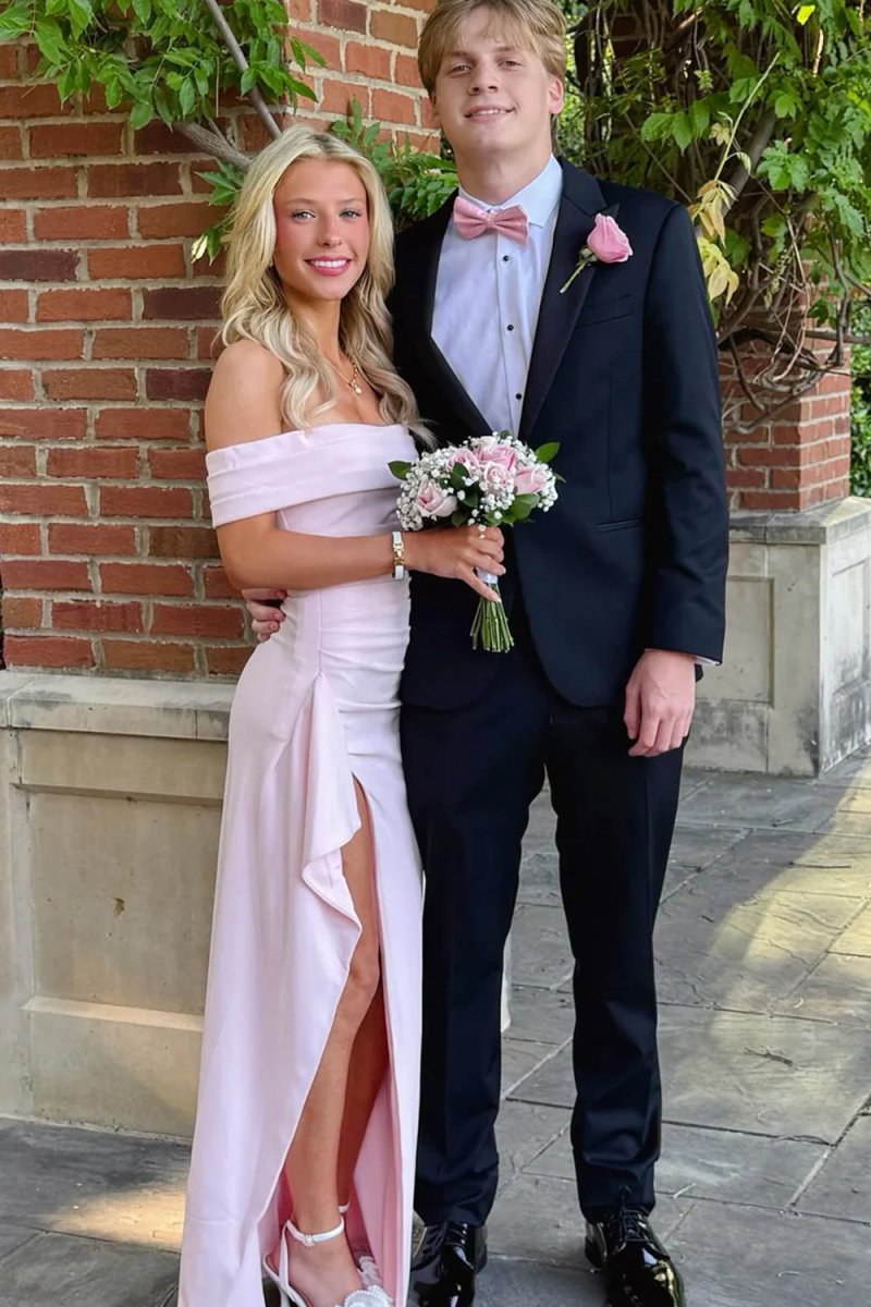 Pink Off The Shoulder Sheath Satin Pleated Long Formal Prom Dresses With Slit