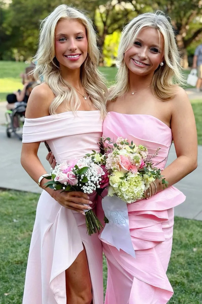 Pink Off The Shoulder Sheath Satin Pleated Long Formal Prom Dresses With Slit